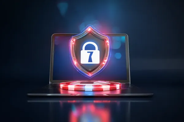 A laptop glowing with a bright login prompt in a minimalistic setup, symbolizing the protected access system at CHEZA GAME.
